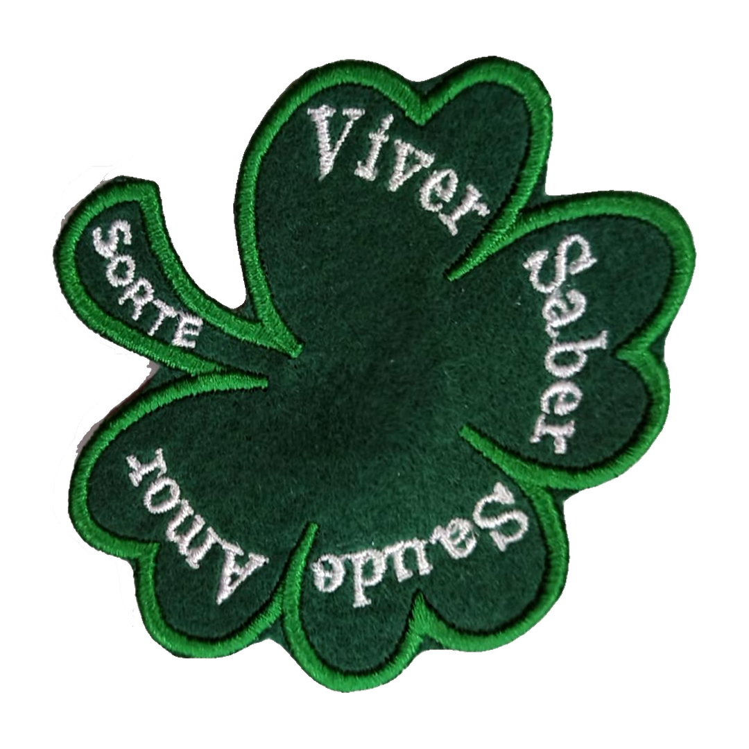 Emblema bordado Trevo Viver, Saber, Saúde, Amor e Sorte